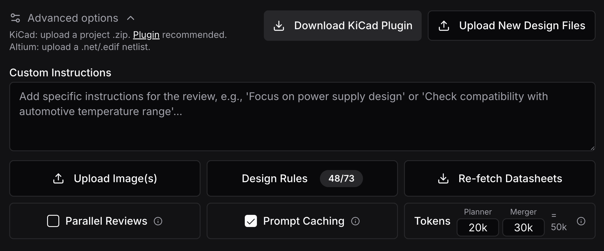 Configurable schematic review settings - customize AI models, token limits, and design rules for KiCad and Altium netlists